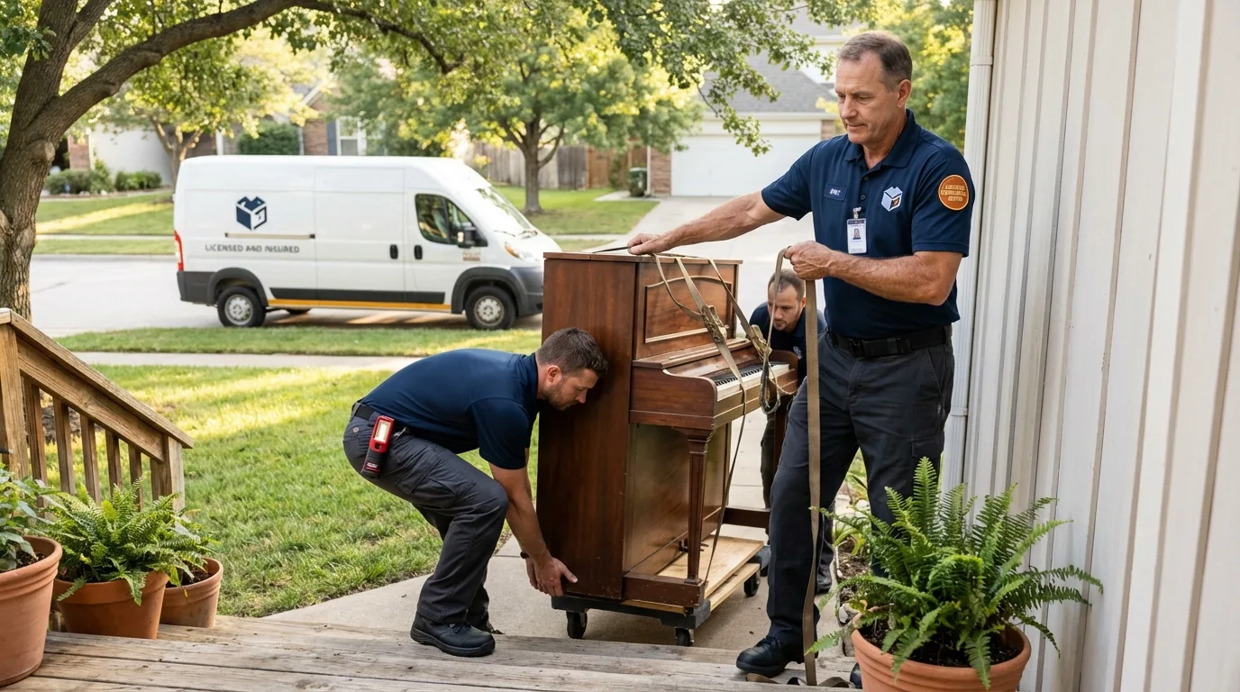 Licensed piano movers securing grand piano in Hallowell, ME