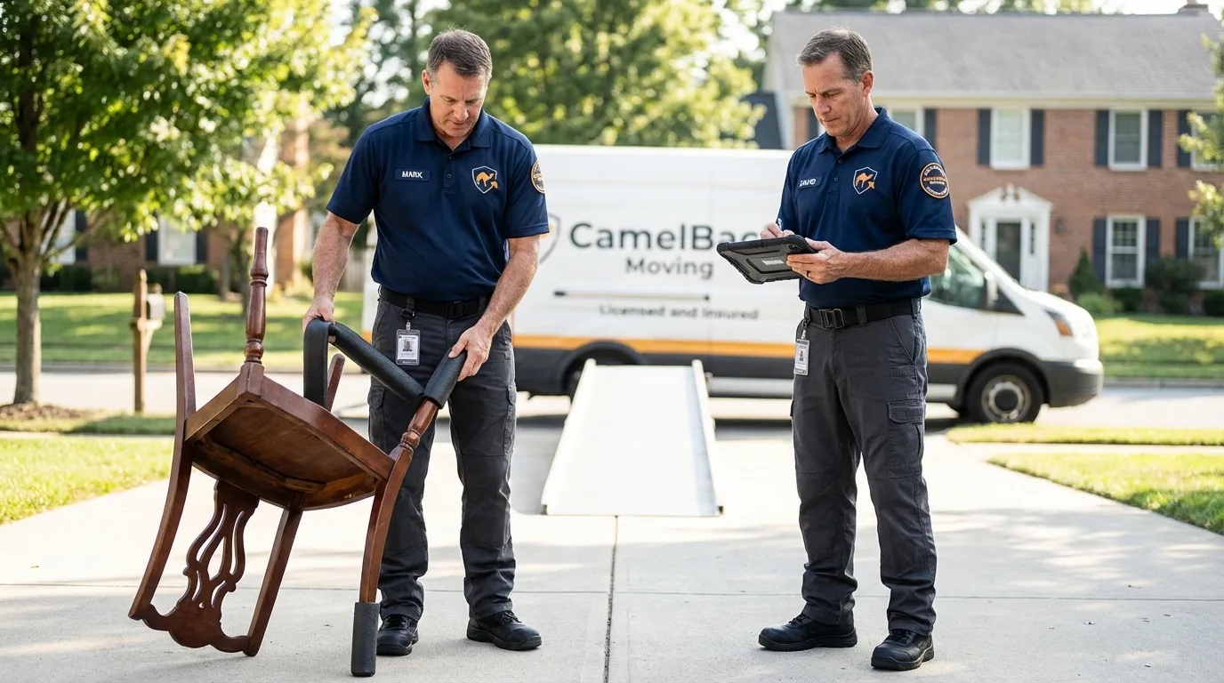 Movers inspecting furniture for damage prevention before loading in Hallowell, ME