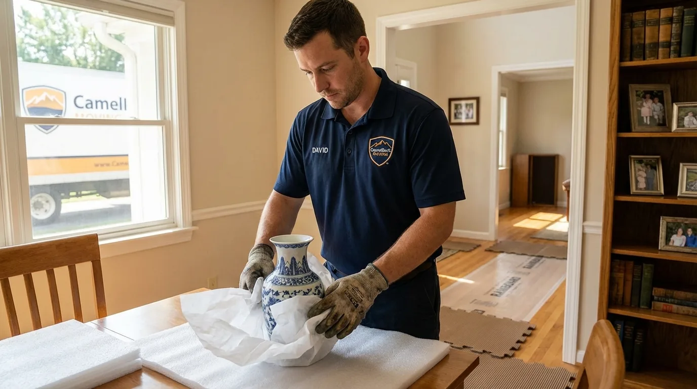Professional crew carefully wrapping antique vase for senior downsizing move in Hallowell, ME